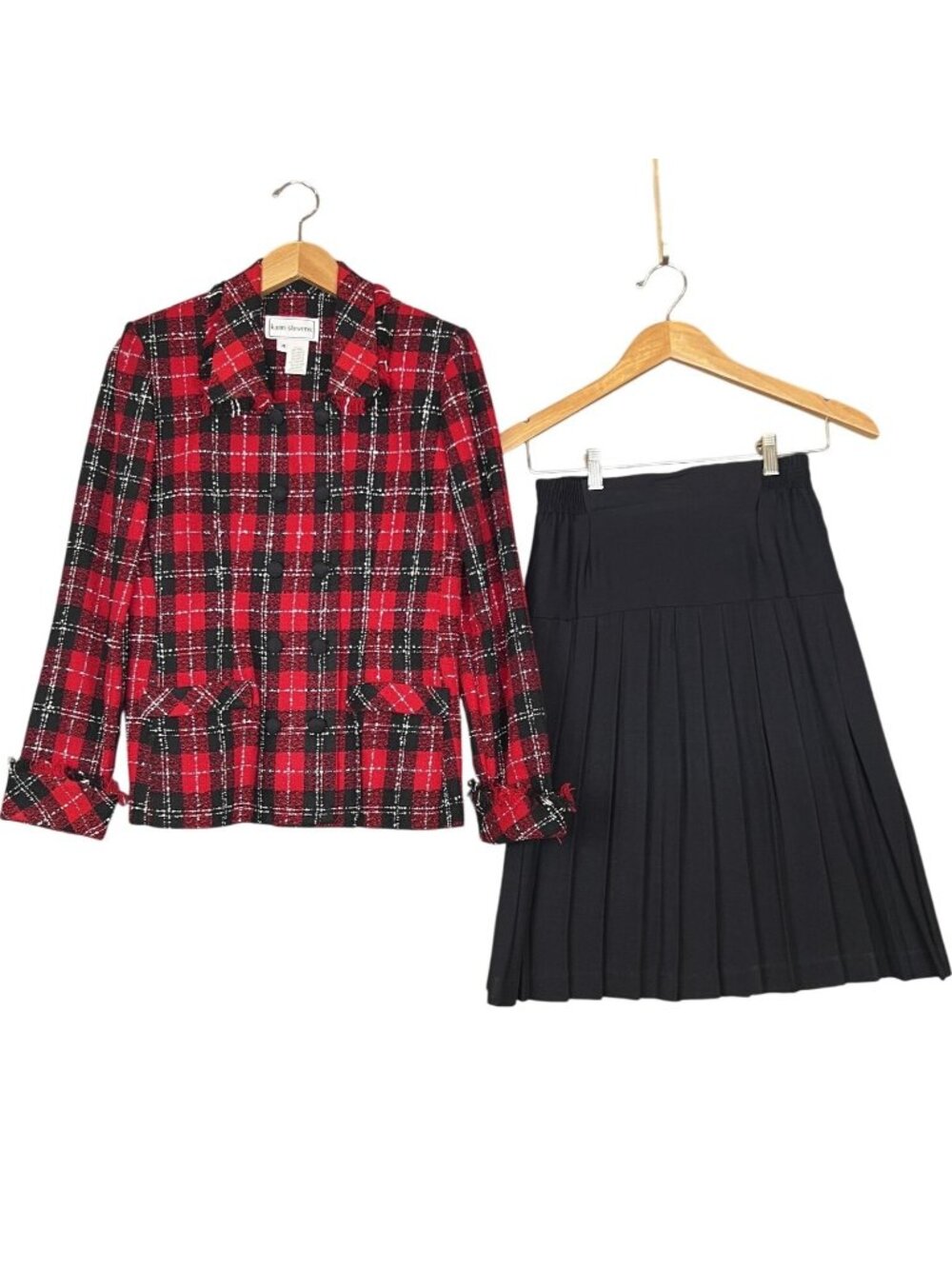 Vintage Womens 4 Skirt Suit Red Plaid Jacket Black Pleated Skirt 90s USA